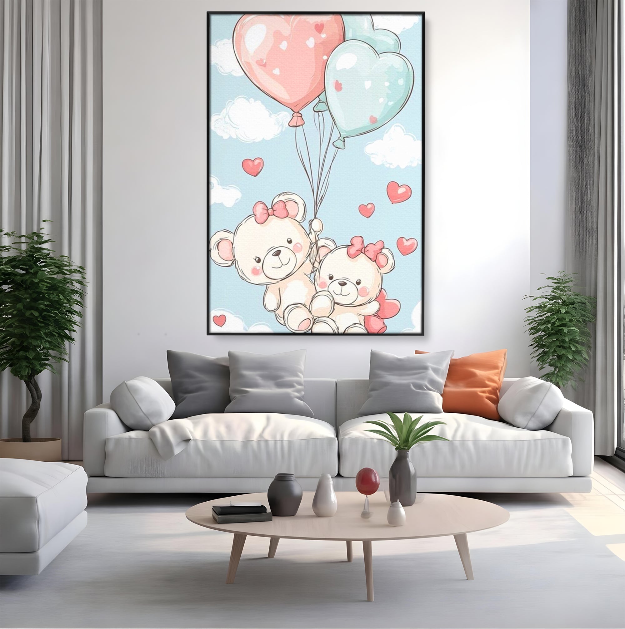 Tablou canvas cu ilustratie cu ursuleti zburand cu baloane, in rama de aluminiu negru, pe perete intr-un living